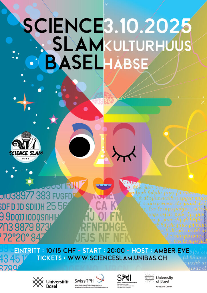 Poster Science Slam Basel 2025. The poster shows an illustrated face and science elements as beaker, stars, and an atom.